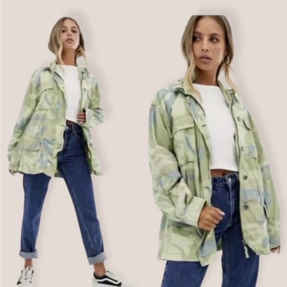 FREE PEOPLE STUNNING UTILITY JACKET - Green and Blue Camouflage Cotton EUC M - Picture 2 of 6